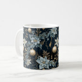 Mug Ornements de Noël bleu et or Poinsettias (Devant gauche)