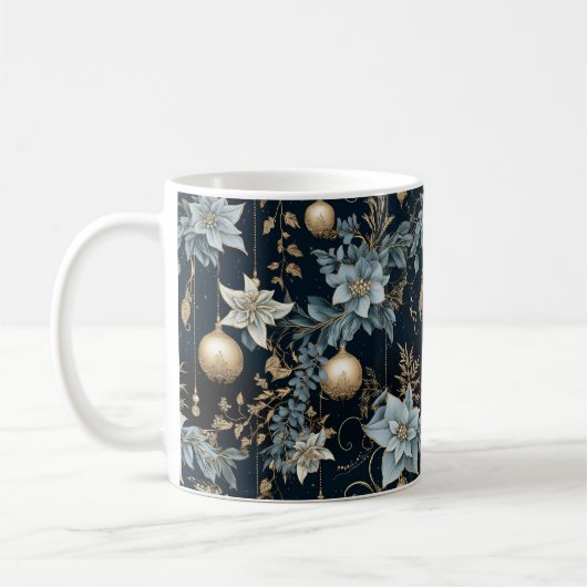 Mug Ornements de Noël bleu et or Poinsettias (Gauche)