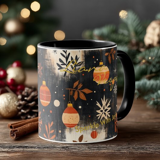 Mug Ornements de Noël rustiques avec orange et or