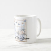 Mug Ornements Fleurs Bleu Crème Noël Arbre Fenêtre (Devant droit)