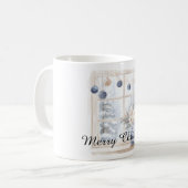 Mug Ornements Fleurs Bleu Crème Noël Arbre Fenêtre (Devant gauche)