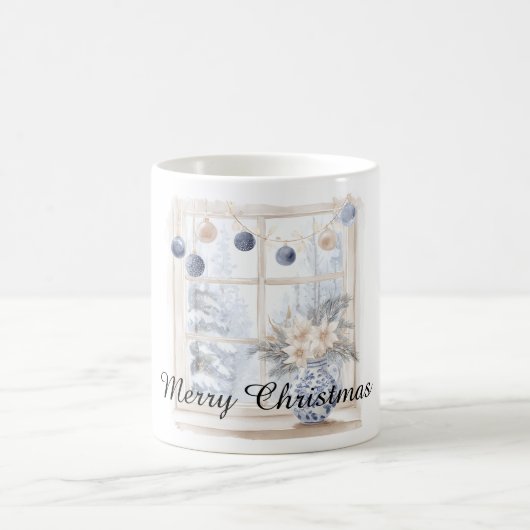 Mug Ornements Fleurs Bleu Crème Noël Arbre Fenêtre (Centre)