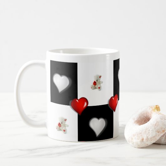 Mug Ours en peluche blanc Cœurs rouges (Avec donut)