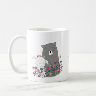 Mug Ours et lapin aux fleurs Nom personnalisé