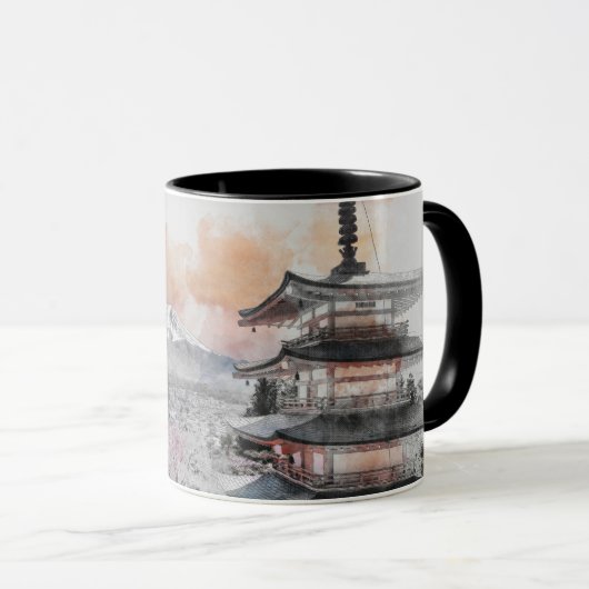 Mug Pagode japonaise et Fuji à l'aquarelle (Devant droit)