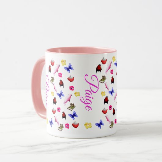Mug Paige, Nom Avec Lapins, Perroquets, Papillons, (Devant gauche)