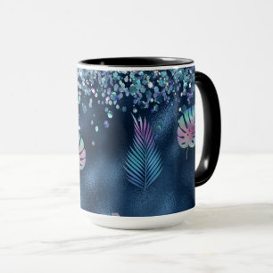 Mug Paillet bleu faux et feuilles assorties