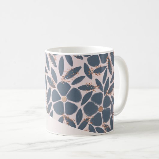 Mug pailleté or rose avec fleurs bleues fumées mig (Devant droit)