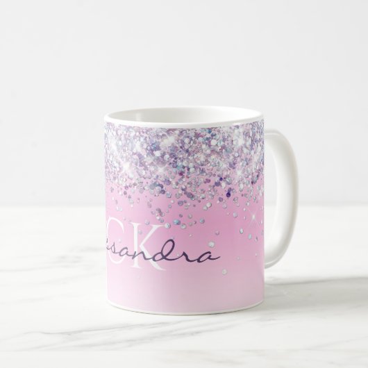Mug Pailleté Violet Monogrammé Rose Féminin (Devant droit)