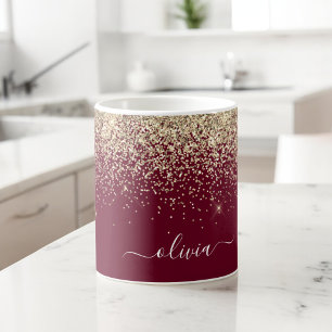 Mug Paillettes dorées et burgundy, monogramme féminin 