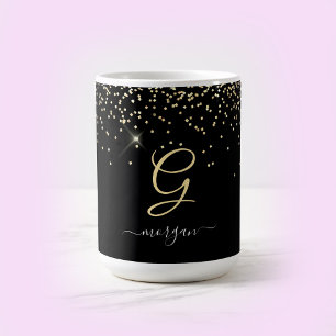 Mug Paillettes dorées et monogramme Nom en écriture bl