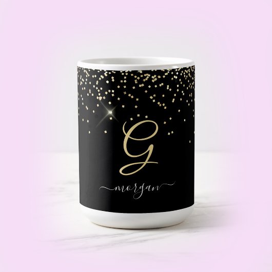 Mug Paillettes dorées et monogramme Nom en écriture bl