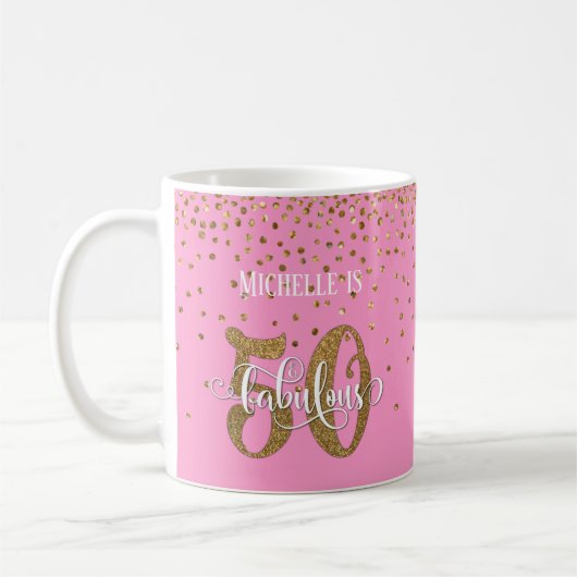 Mug Paillettes et écriture 50 et fabuleux sur rose (Gauche)