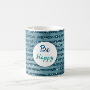 Mug Paillettes Rayures Bleu Sarcelle Vert Soyez Heureu