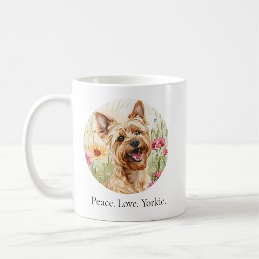 Mug Paix. Amour. Yorkie. Boue de chien d'aquarelle (Gauche)