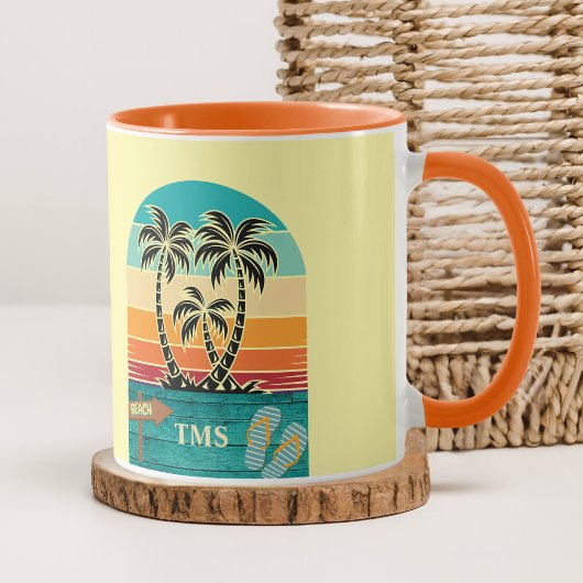 Mug Palm Tree Tropical Retro Sunset FlipFlops Monogram