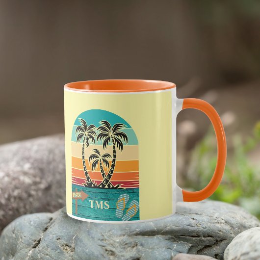 Mug Palm Tree Tropical Retro Sunset FlipFlops Monogram