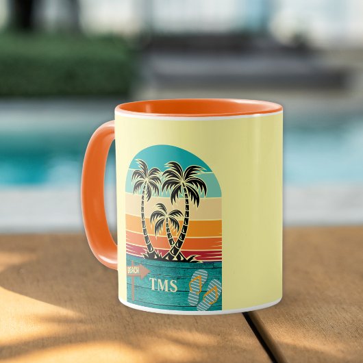 Mug Palm Tree Tropical Retro Sunset FlipFlops Monogram