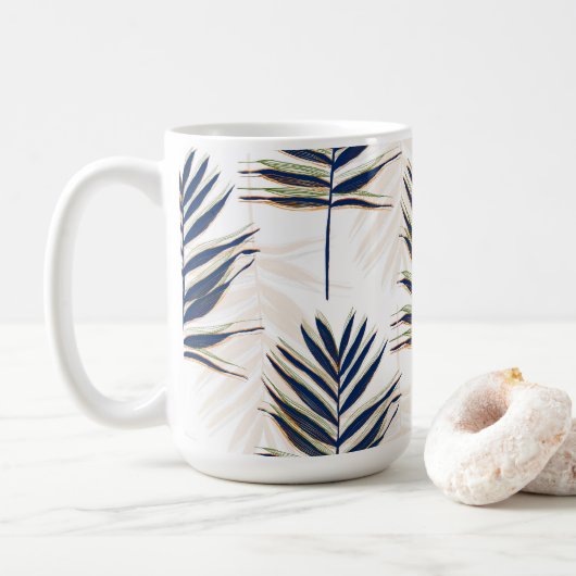 Mug Palmier bleu moderne Feuille Gold Strots Blanc Des (Avec donut)