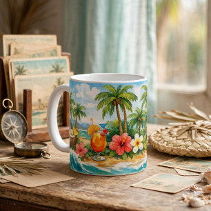 Mug Palmiers tropicaux, huttes tiki, cocktail de plage