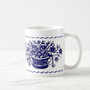 Mug Panier à fleurs rustique bleu blanc et bandeau