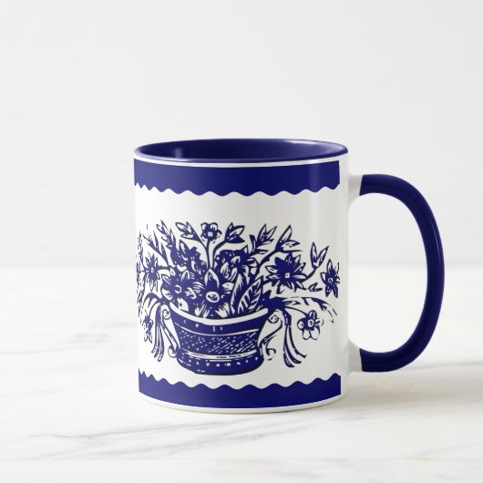 Mug Panier à fleurs rustique bleu et blanc et bouchon (Droite)