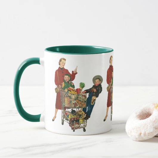 Mug Panier d'épicerie Retro Family, Mom and Kids (Avec donut)