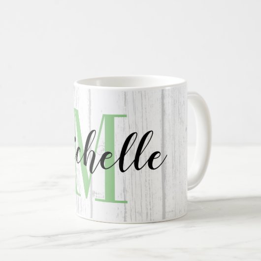 Mug Panneau à grain de bois blanc avec monogramme pers (Devant droit)