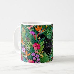 Mug Panthère noire Fleurs de jungle et feuillage tropi