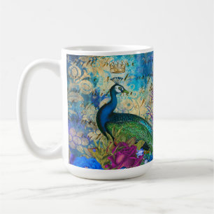 Mug Paon et fleurs illustrés antiques grunge