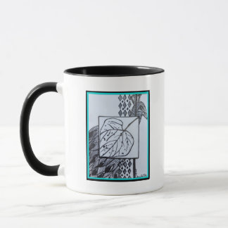 Mug Paon & feuille encre noir & blanc bordure turquois
