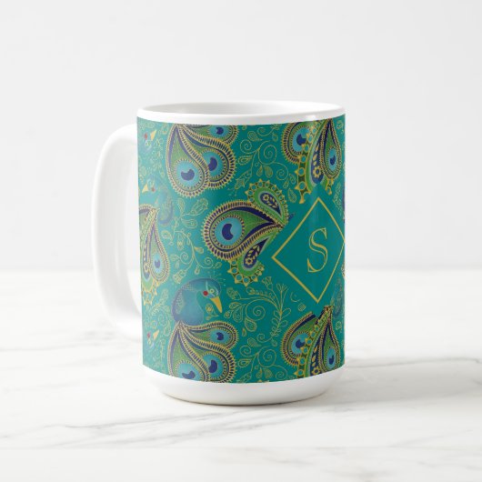 Mug Paon Paisley Royal Sarcelle Monogramme (Devant gauche)