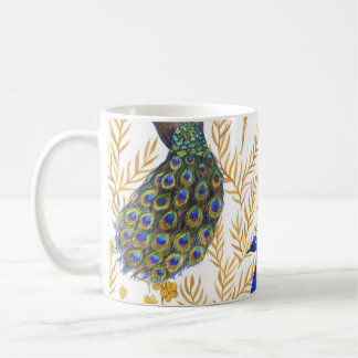 Mug paons chinois, sakura doré, aquarelle.