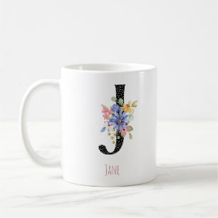 Mug Papier aquarelle floral J Monogramme Nom Point noi
