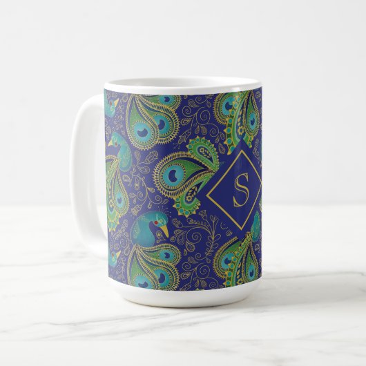 Mug Papier Peacock Royal Bleu Monogramme (Devant gauche)
