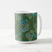 Mug Papier Peint Paon Royal Vert Monogramme (Devant droit)