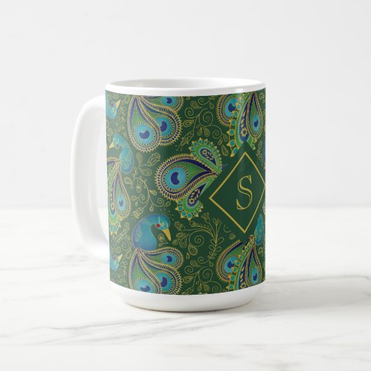 Mug Papier Peint Paon Royal Vert Monogramme (Devant gauche)