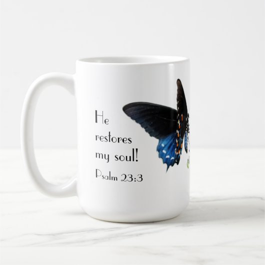 Mug Papillon avec le verset 23:3 des Psaumes (Gauche)