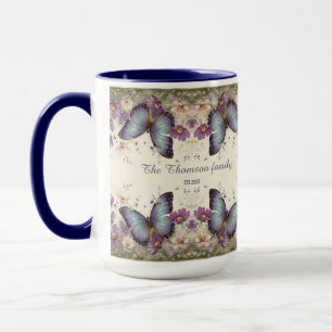 Mug Papillon Bleu Vintage et Floral pour Famille