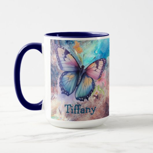 Mug Papillon d'aquarelle bleu, violet et rose (Gauche)