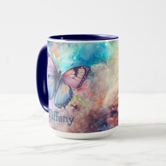 Mug Papillon d'aquarelle bleu, violet et rose (Devant gauche)