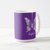 Mug Papillon Diamant Blanc, Nom de Script, Violet (Devant droit)