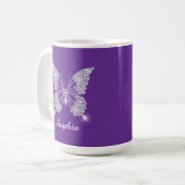 Mug Papillon Diamant Blanc, Nom de Script, Violet (Devant gauche)