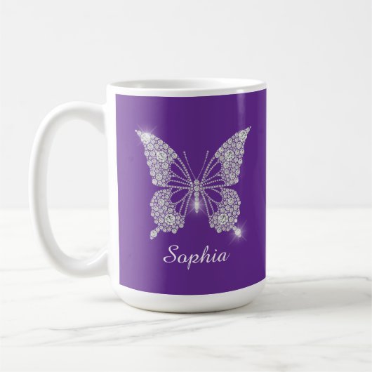 Mug Papillon Diamant Blanc, Nom de Script, Violet (Gauche)