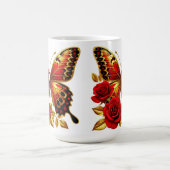 Mug Papillon doré avec des roses rouges et des feuille (Centre)