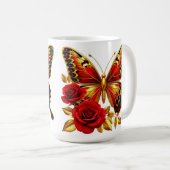 Mug Papillon doré avec des roses rouges et des feuille (Devant droit)