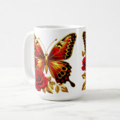 Mug Papillon doré avec des roses rouges et des feuille (Devant gauche)