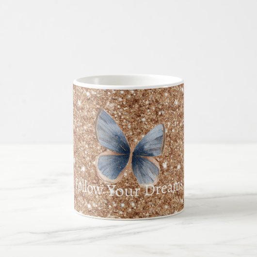 Mug Papillon en bleu denim paillettes or rustique (Centre)
