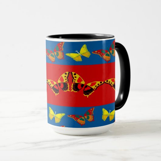 Mug papillon en bleu, jaune et rouge (Devant droit)
