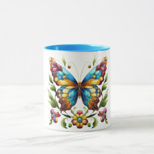 Mug Papillon en vitrail coloré avec fleurs